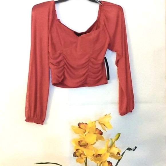 ALMOST FAMOUS SHEER RUCHED PEASANT CROP TOP SIZE LARGE JUNIORS NWT - Picture 10 of 11